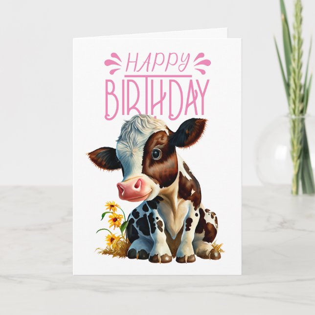 Daisy Cow Birthday Girl Rosa Kort (Framsida)