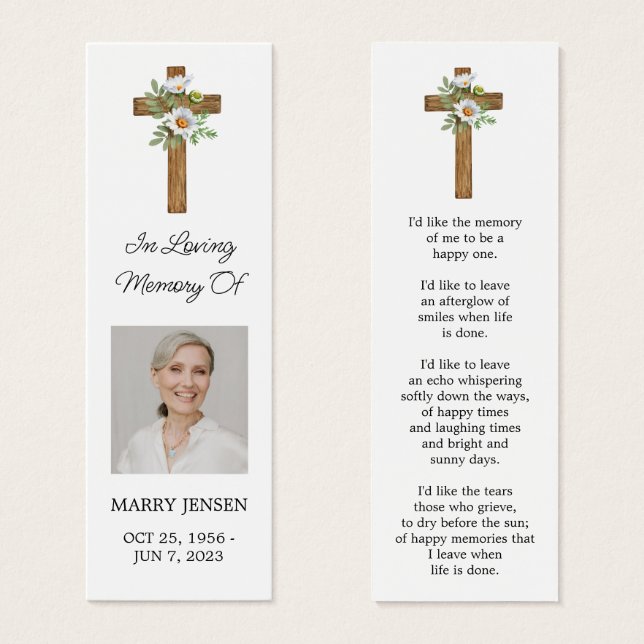 Daisy Cross Photo Funeral Bookmark Litet Visitkort (Framsida & baksida)