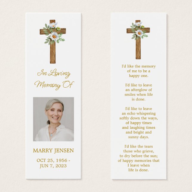 Daisy Cross Photo Funeral Bookmark Litet Visitkort (Framsida & baksida)