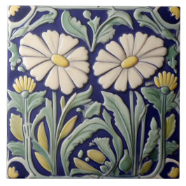 Daisy - Daisy Flower Art Deco Nouveau Grönt Blue Kakelplatta