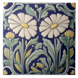 Daisy - Daisy Flower Art Deco Nouveau Grönt Blue Kakelplatta