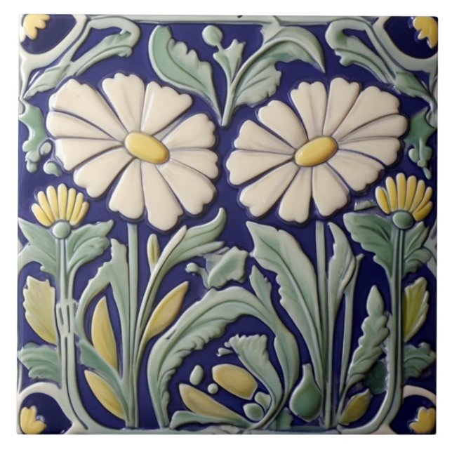 Daisy - Daisy Flower Art Deco Nouveau Grönt Blue Kakelplatta (Framsidan)