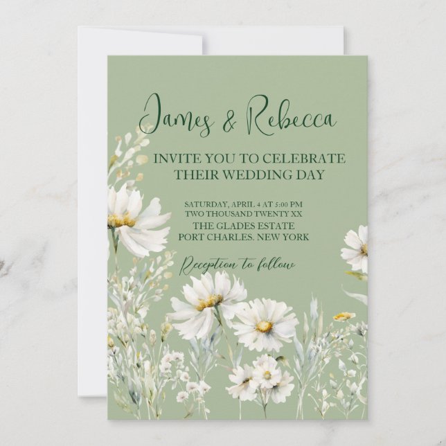 Daisy Earthy Sage & Botanical Greenery Wedding  Inbjudningar (Framsida)