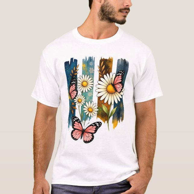 Daisy Fjärilar på Målade Ränder T Shirt (Framsida)