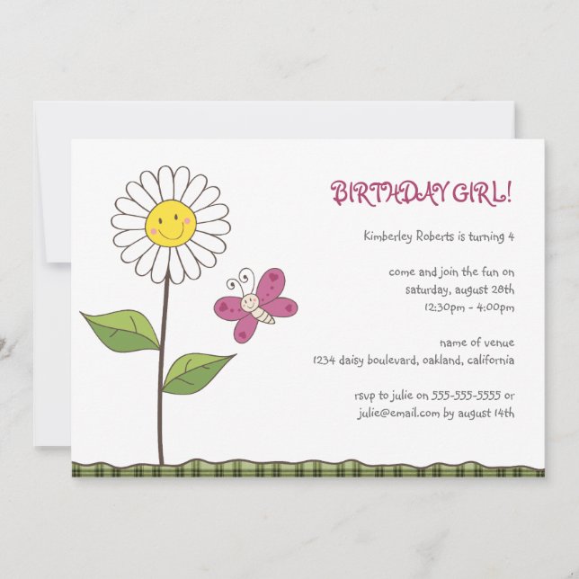 Daisy- & fjärilsflick kalasinbjudan inbjudningar (Framsida)