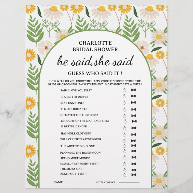 Daisy Floral He said She said Bröllopsdusch spel  Reklamblad (Framsidan)