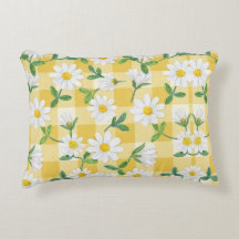 Daisy Floral Yellow Gingham Throw Pillow