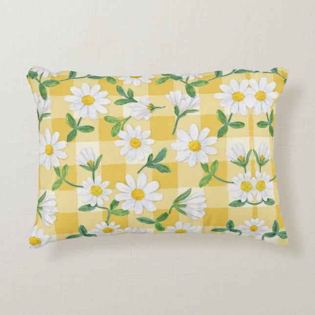 Daisy Floral Yellow Gingham Throw Pillow Prydnadskudde (Framsidan)