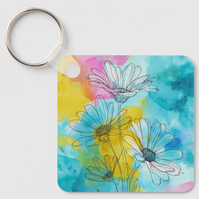 Daisy Flower Aluminium Square Keychain Gift Nyckelring (Framsida)