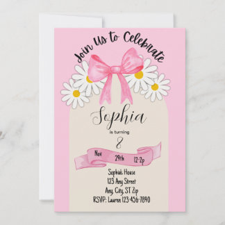 Daisy Flower and Bow Birthday Invitation Inbjudningar