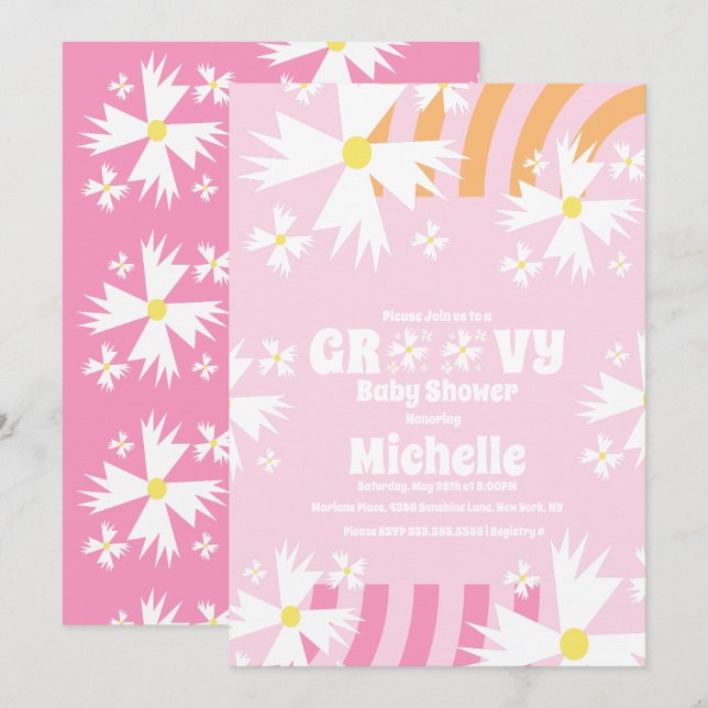 Daisy Flower Groovy Baby Shower  Rosa Orange I Kort (Fram/baksida)