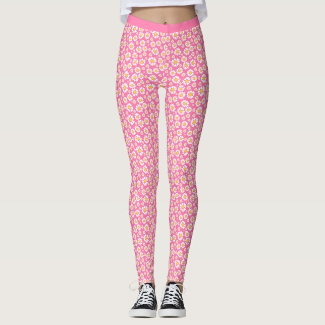 Daisy Flower Mönster Trendig Soft Rosa Background Leggings (Framsida)