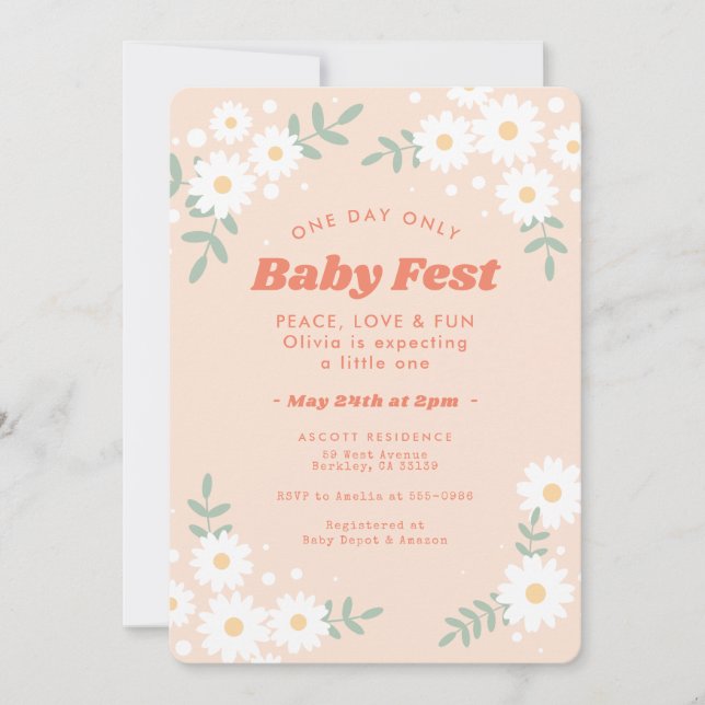 Daisy Flower Peach Music Festival Baby Shower Inbjudningar (Framsida)