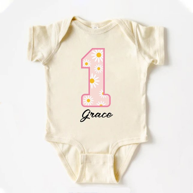 Daisy Flower Retro Boho 1:a födelsedagen T Shirt (Daisy Flower Retro Boho 1st Birthday Baby Bodysuit)