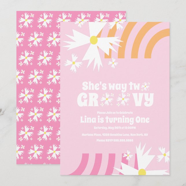 Daisy Flower Retro Way Två Groovy Födelsedag  Rosa (Fram/baksida)