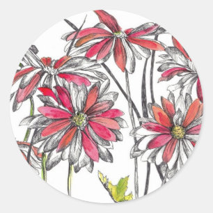 Daisy Flowers Botanical Art Bläck Teckning Runt Klistermärke