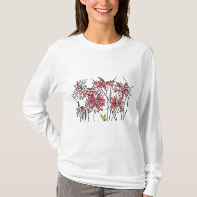 Daisy Flowers Botanical Art Bläck Teckning Tee Shirt (Framsida)