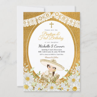 Daisy Flowers Charra Girl Baptism & First Birthday Inbjudningar