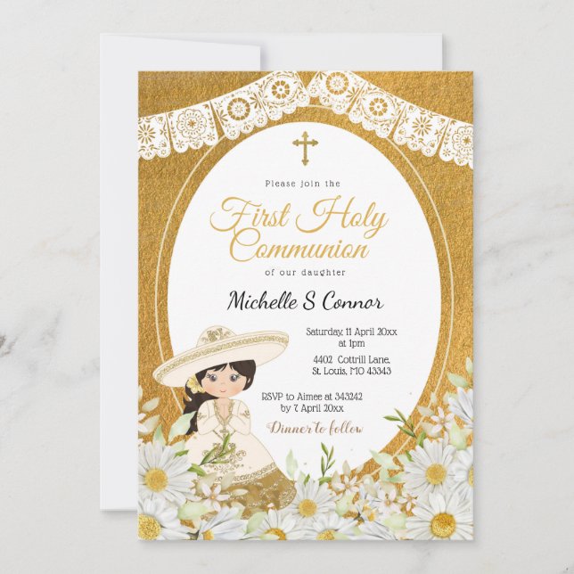 Daisy Flowers Charra Girl First Heliga Communion Inbjudningar (Framsida)