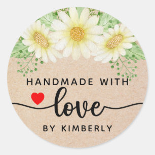 Daisy Flowers Handmade med Kärlek Runt Klistermärke