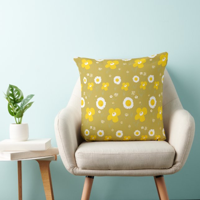 Daisy Flowers Mustard Gult White Olive Kudde (Stol)