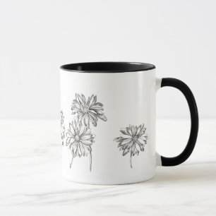 Daisy Flowers Pen och Bläck Teckning Black Mugg