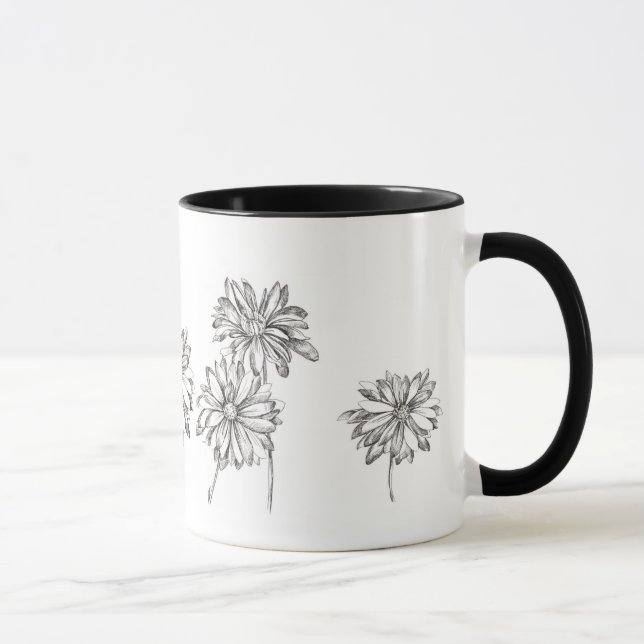 Daisy Flowers Pen och Bläck Teckning Black Mugg (Höger)
