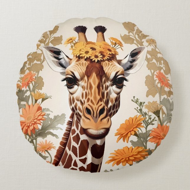 Daisy Flowers, Vackra Giraffe och Gerbera Rund Kudde (Framsidan)