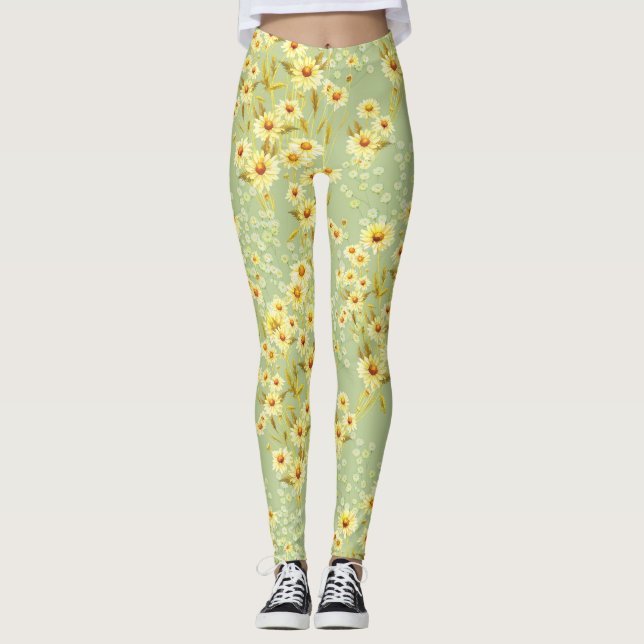 Daisy Flowers: Vattenfärgsfärgsfärgen Mörk utan sm Leggings (Framsida)