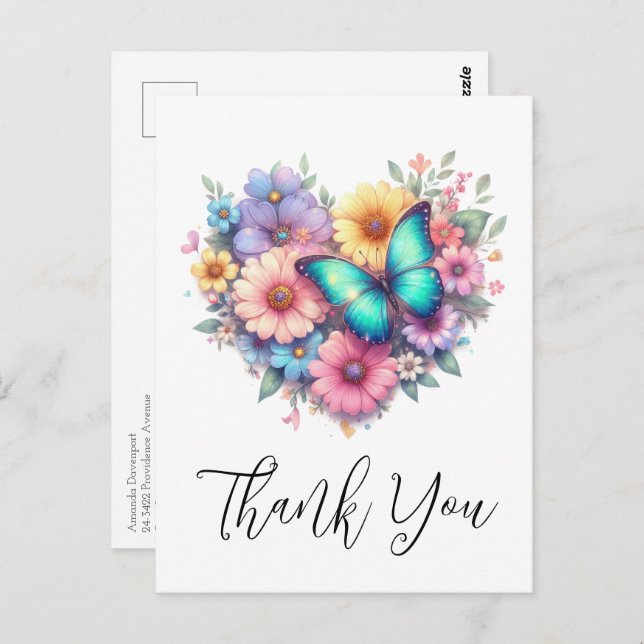 Daisy Flowers with a Beautiful Butterfly Thank You Vykort (Fram/baksida)