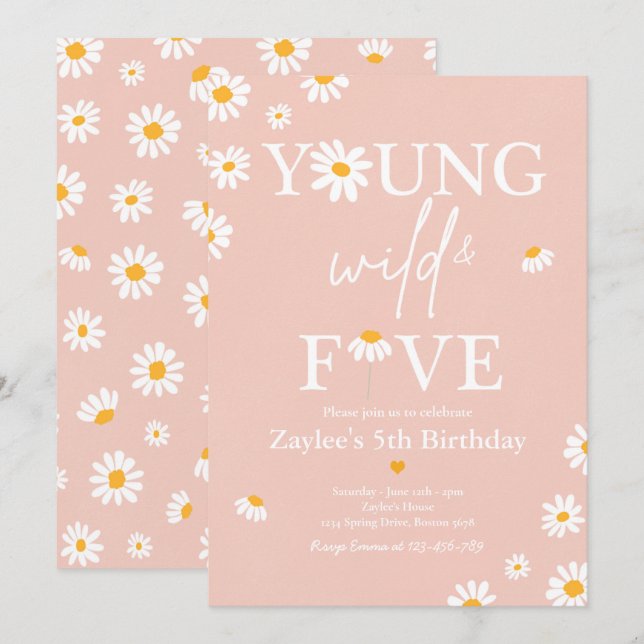 Daisy Födelsedagsfest Bohmian Young Vild och fem Inbjudningar (Fram/baksida)