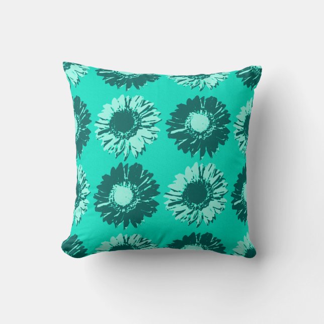 Daisy för popkonst - Turkos, Aqua och Teal Kudde (Framsida)