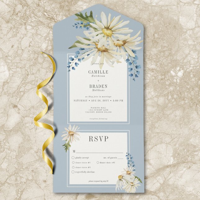 Daisy för Rustik blå och vit vattenfärg - innerfär (Rustic Blue & White Watercolor Daisies Dinner All In One Invitation)