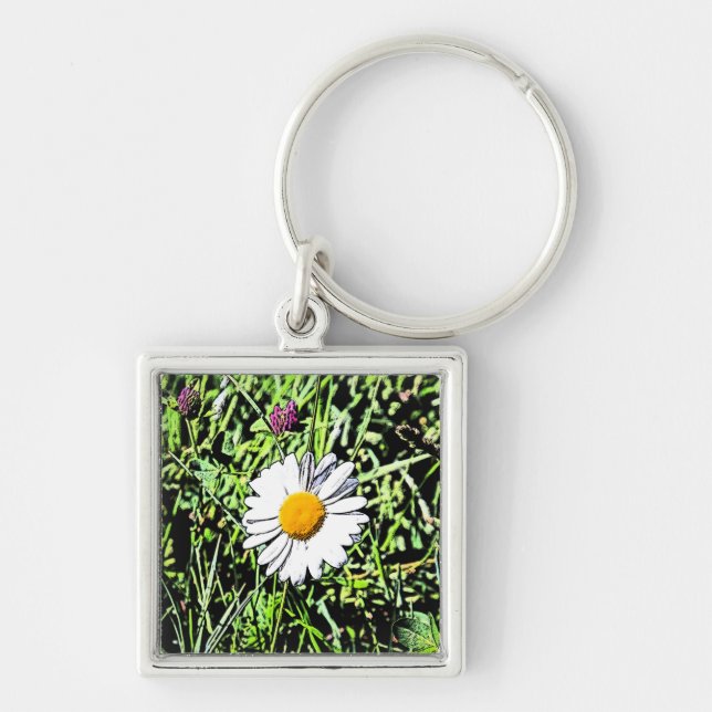 Daisy Fyrkantig Silverfärgad Nyckelring (Framsidan)