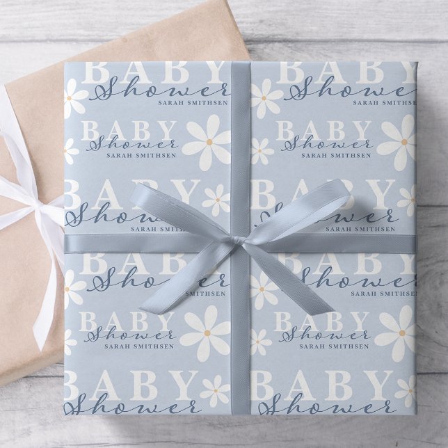Daisy Garden Baby Shower Dusty Blue Presentpapper (Skapare uppladdad)