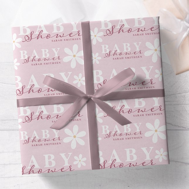 Daisy Garden Baby Shower Dusty Rosa Presentpapper (Skapare uppladdad)