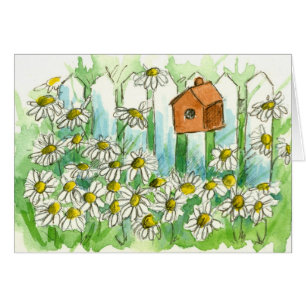 Daisy Garden Birdhouse Watercolor Flowers Blank OBS Kort
