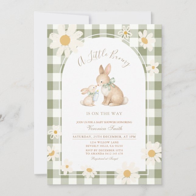  Daisy gingham Bunny Baby Shower Invitation Inbjudningar (Framsida)