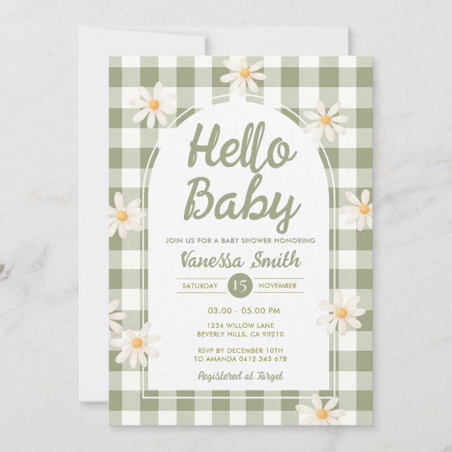 Daisy Gingham Hello Baby Shower Inbjudan (Framsida)