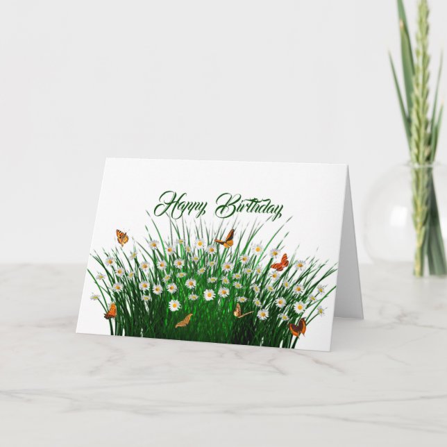 Daisy Grönt Orange Gräs Butterflies Birthday Kort (Framsida)