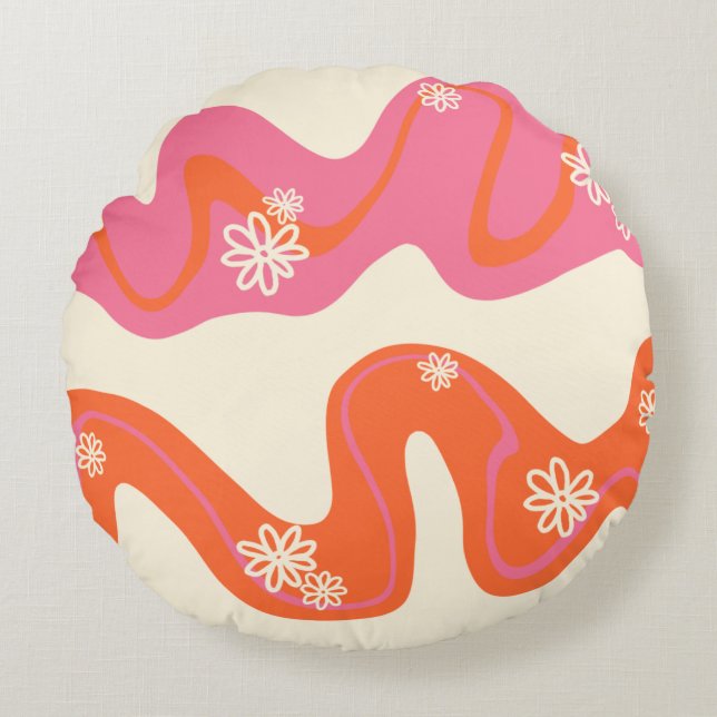 Daisy Groove - Rosa, Orange och kream Rund Kudde (Framsidan)