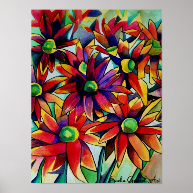 Daisy, halmblommor, originalvattenfärgskonst poster (Framsidan)
