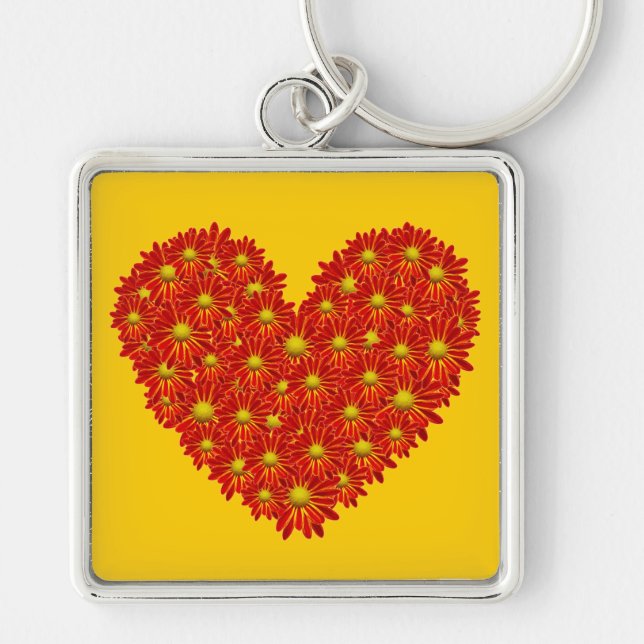 Daisy Heart Fyrkantig Silverfärgad Nyckelring (Framsidan)