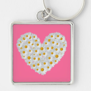 Daisy Heart Fyrkantig Silverfärgad Nyckelring