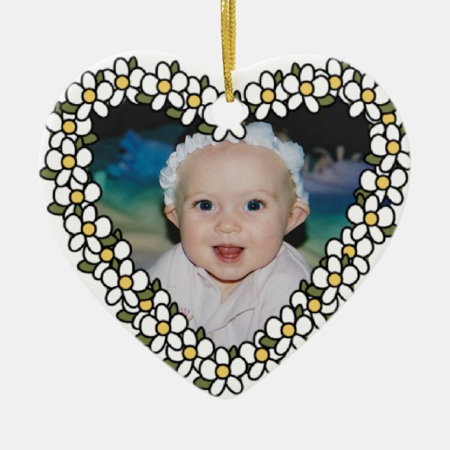 Daisy Heart Lägg till bild Anpassningsbar Kortnamn Julgransprydnad Keramik (Framsidan)