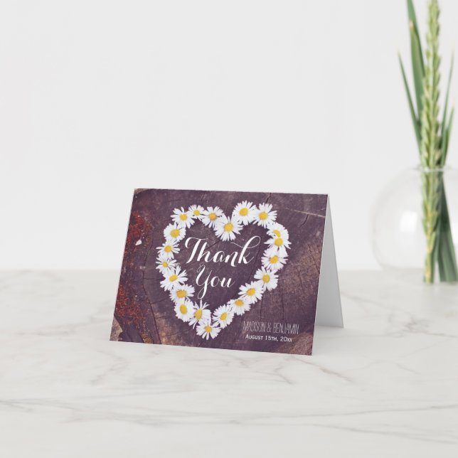 Daisy Heart Rustic Wood Bröllop - tackkort (Framsida)