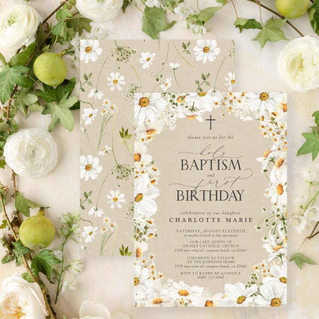 Daisy Heliga Baptism och första Blommigten på föde Inbjudningar (Easily personalize this beautiful baptism and first birthday invitation with your personal details)