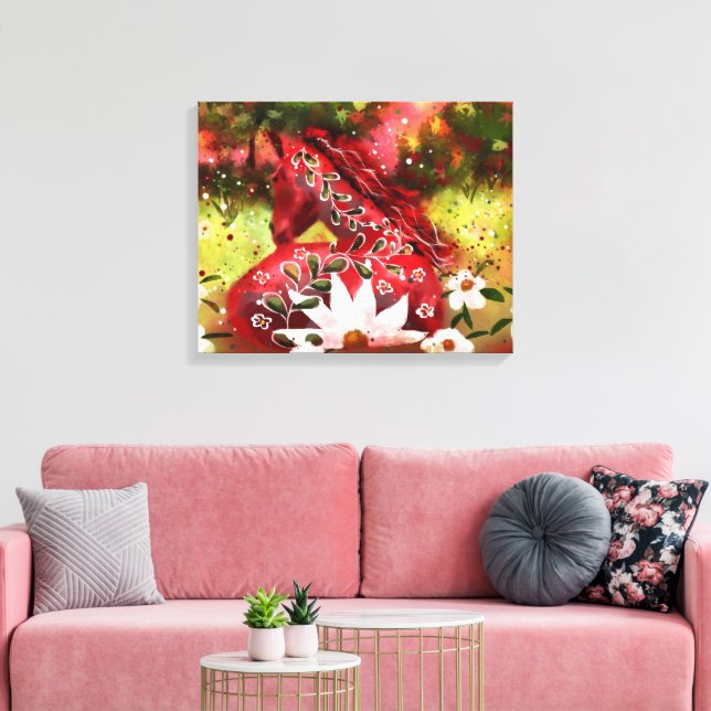 Daisy Horse Abstrakt Art Red White Grönt Blommigt Canvastryck (Insitu (Vardagsrum))
