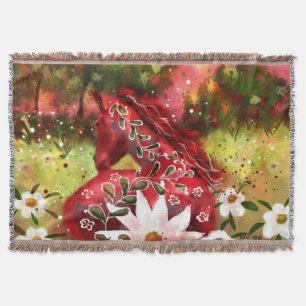 Daisy Horse Abstrakt Art Red White Grönt Blommigt Filt