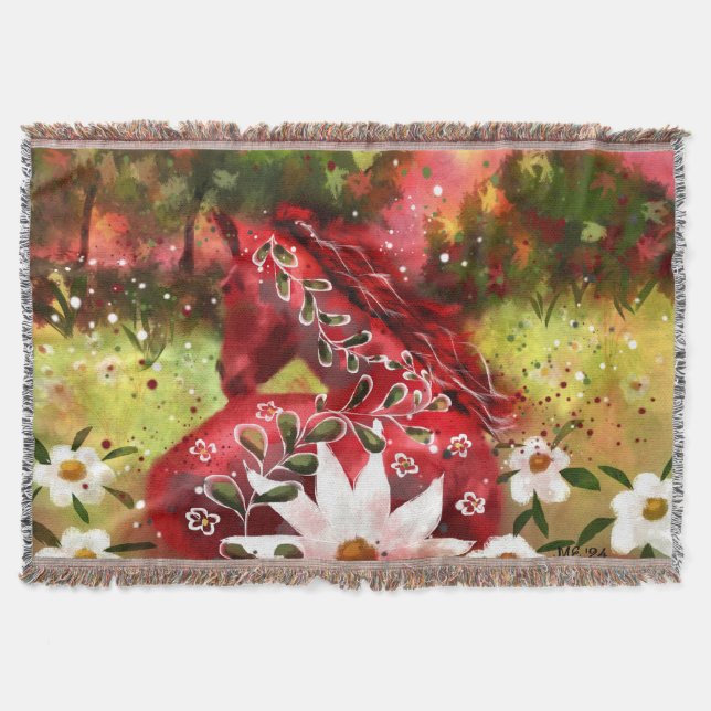 Daisy Horse Abstrakt Art Red White Grönt Blommigt Filt (Framsidan)